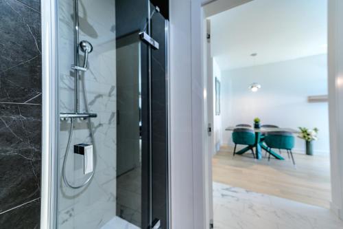 een badkamer met een douche en een glazen deur bij AboutArtApartments - Młyn Maria in Wrocław