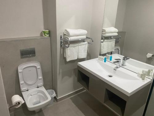 a bathroom with a sink and a toilet and a mirror at Kennaway Hotel in East London