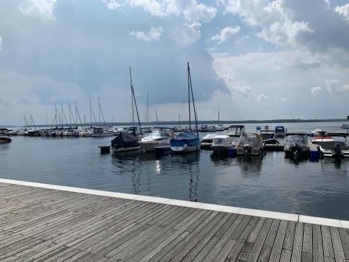 a bunch of boats are docked in a marina at Spreezeit Hotel connect in Senftenberg