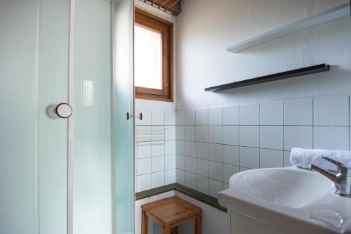 une salle de bain avec un lavabo et une douche dans l'établissement Le Lutin, à La Bresse