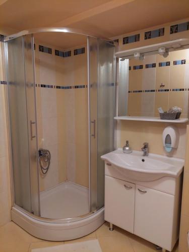 a bathroom with a shower and a sink at Hotel Garny Pleso in Velika Gorica