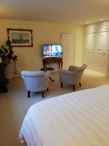 a bedroom with a bed and two chairs and a television at Rusling House in Bristol