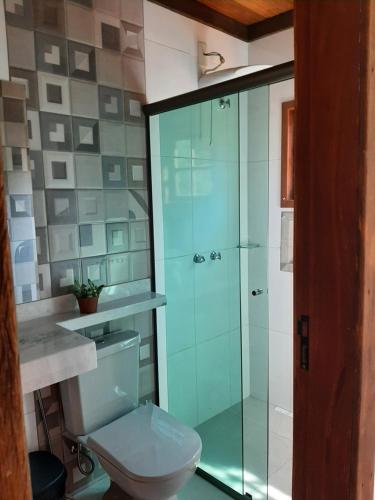 uma casa de banho com um WC e uma cabina de duche em vidro. em Pousada Mina do capote em Tiradentes