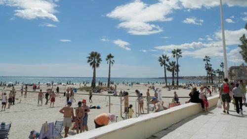 grupa ludzi stojących na plaży w obiekcie Apartamento en Torrevieja a 50m playa w mieście Torrevieja