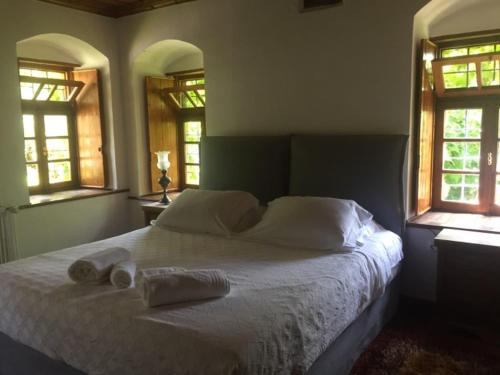 a bedroom with a bed with two towels and two windows at Saxonis Houses & Saxonis Villa in Papigko