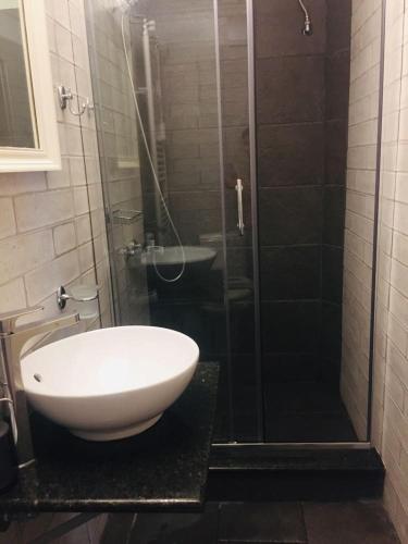 a bathroom with a glass shower and a sink at Saxonis Houses & Saxonis Villa in Papigko