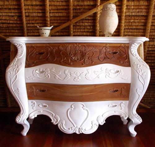 a white console table with two vases on top of it at Sandat Glamping Tents in Ubud