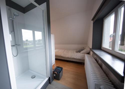 a room with a shower and a bed and a window at Logies De Witte Hoeve in Oudenaarde