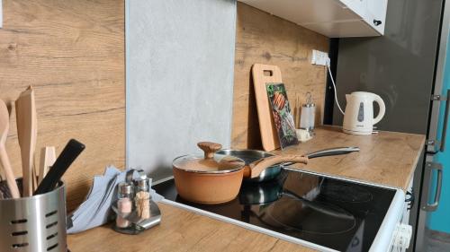 a kitchen counter with a pot and a sink at W20 Hostel in Golędzinów