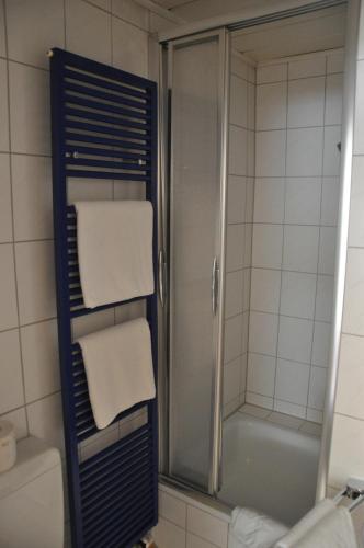 a bathroom with a shower and towels on a towel rack at Gasthof Liederhalle in Aalen