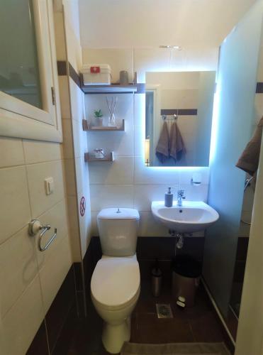 a bathroom with a white toilet and a sink at Gioiello di Corfu apartment in Corfu