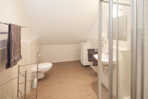 a white bathroom with a toilet and a sink at Kiefer-Apartments in Rust