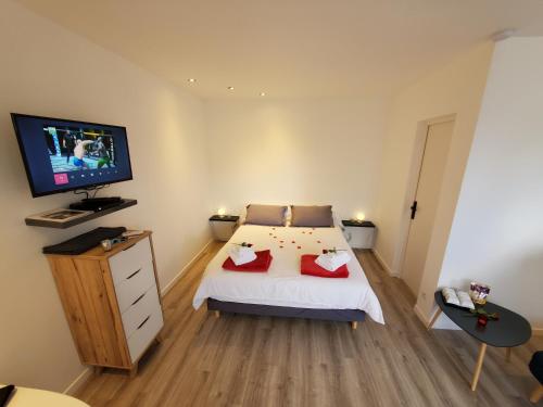 una camera con letto e TV a schermo piatto di LE PIED A TERRE a La Châtre