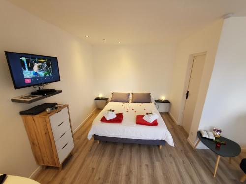 een slaapkamer met een bed en een flatscreen-tv bij LE PIED A TERRE in La Châtre