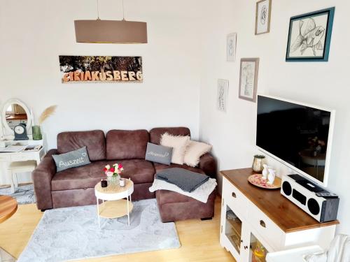 sala de estar con sofá marrón y TV en Ferienwohnung Hornig en Sulzfeld am Main