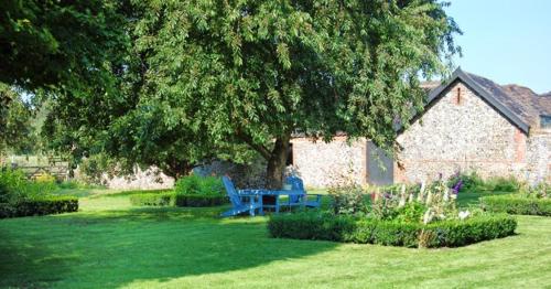 a yard with a blue bench and a tree at Grange Farm in Thetford