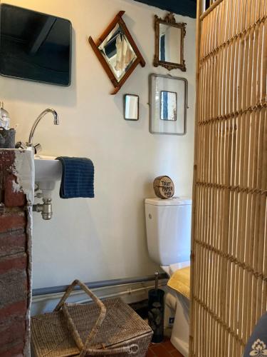 a bathroom with a toilet and a tv on the wall at La Ferme du Val de Lys in Nolléval