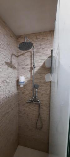 une douche avec pommeau de douche dans une salle de bain dans l'établissement Apartamento 2 playa Riberuca Suances, à Suances