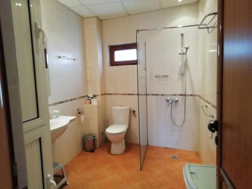 uma casa de banho com um chuveiro, um WC e um lavatório. em Къща в центъра на Стрелча, джакузи с минерална вода em Strelcha