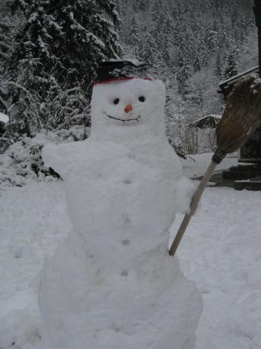 a snowman holding a broom in the snow at Appartements Fritz Sagmeister in Jenig
