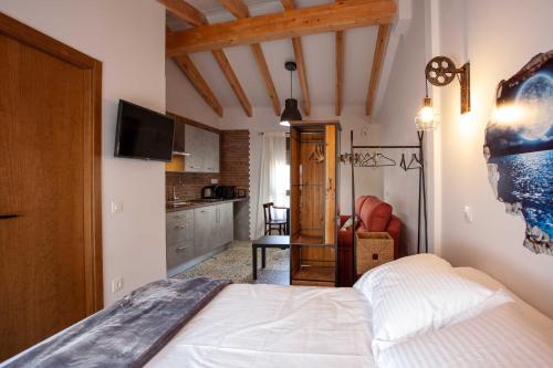 a bedroom with a bed and a kitchen at APARTAMENTOS LA VIEJA IMPRENTA in Sigüenza