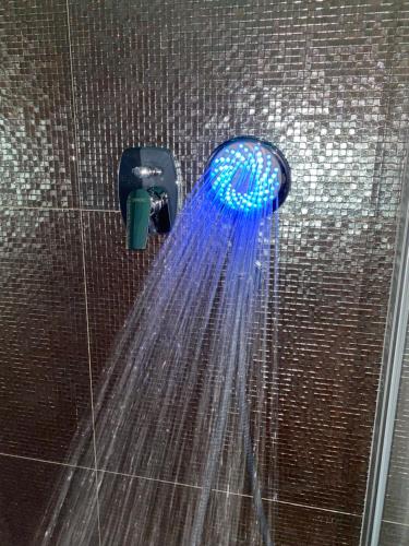 łazienka z prysznicem z niebieską głowicą prysznicową w obiekcie Royal 2 **** w mieście Slavonski Brod