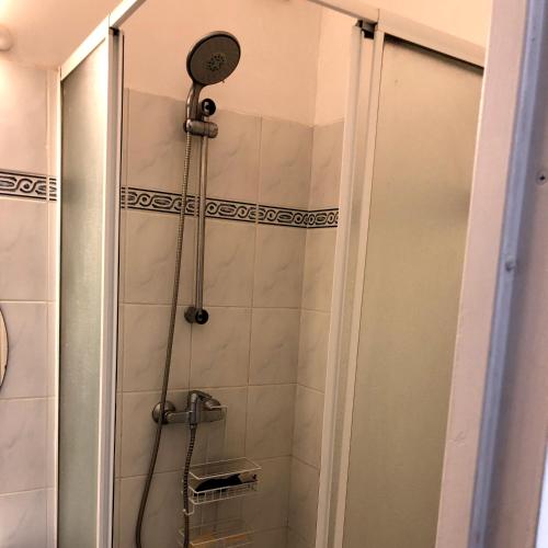een douche met een glazen deur in de badkamer bij 2 pièces à St Germain en Laye in Saint-Germain-en-Laye