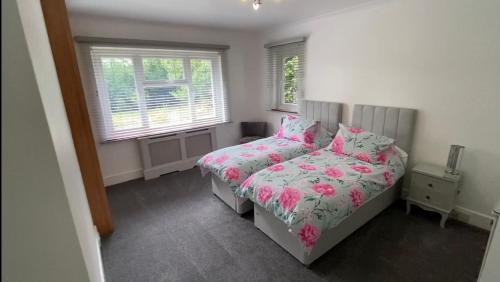 a bedroom with two beds and two windows at Broad Mead in Corfe Castle