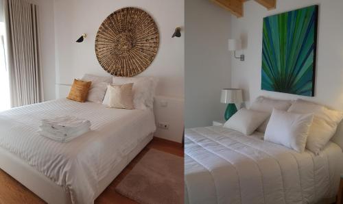
two pictures of a bedroom with a white bedspread and pillows at Casas de Campo da Barroca in Tabosa
