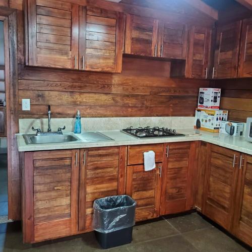 a kitchen with wooden cabinets and a sink at Cabañas Corazón in Troncones