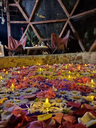 a large pile of flowers on a floor with chairs at Nacimiento Glamping in San Agustín