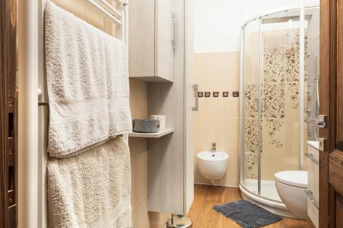 a small bathroom with a shower and a toilet at Appartamento Casa Weisstor con patio, giardino e orti vista Monte Rosa in Macugnaga