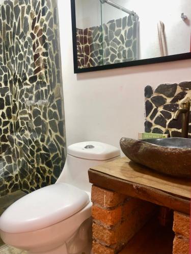 a bathroom with a toilet and a shower at Hotel Rural SAN REMO in Santa Rosa de Cabal