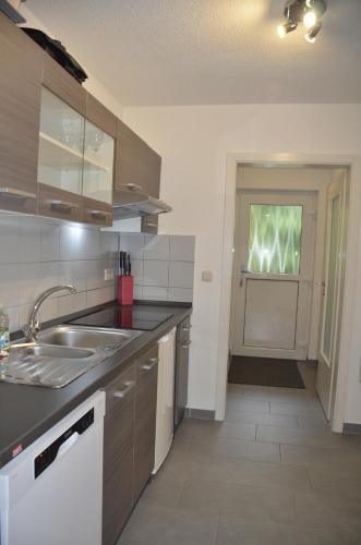 a kitchen with a sink and a counter top at Ferienwohnung Wildgatter in Grafenwiesen
