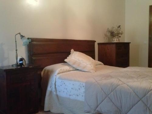 Schlafzimmer mit einem Bett mit einem Kopfteil aus Holz und einer Kommode in der Unterkunft Casa Rural Fuentetrigo in Brizuela