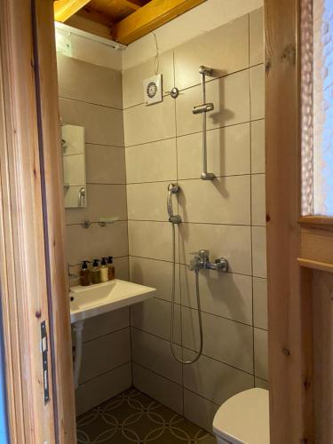uma casa de banho com um chuveiro e um lavatório. em Trea Homes - Castle House em Marmaris