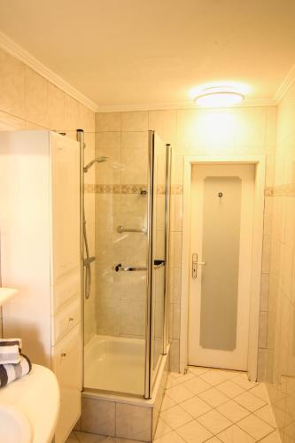 a bathroom with a shower with a glass door at Pesel im Friesenhaus Sieben-Linden ebenerdig in Archsum