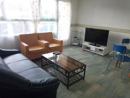 un salon avec un canapé et une télévision dans l'établissement Appartement lumineux proche de Rouen et Paris, à Saint-Étienne-du-Rouvray