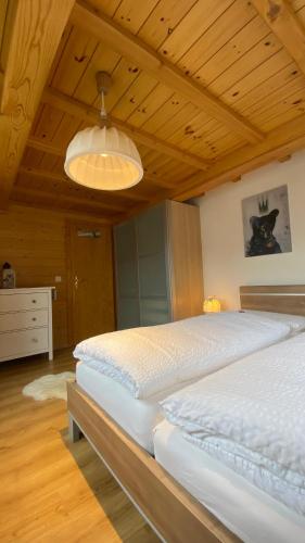 a bedroom with two beds and a light fixture at Bergquelle 1.OG Ost in Bettmeralp