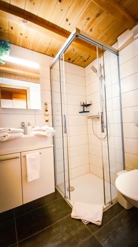 a bathroom with a shower and a sink at Bergquelle 1.OG Ost in Bettmeralp