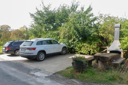 a white car parked in a parking lot at Chalupa - Sklep Starovice in Starovice