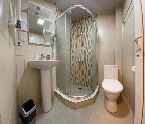 a bathroom with a shower and a toilet and a sink at Gudauri Hut Hotel in Gudauri