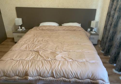 a large bed in a bedroom with two night stands at Студио Кати in Shkorpilovtsi