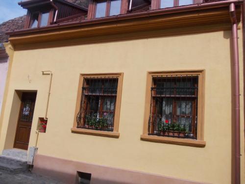 錫吉什瓦拉的住宿－利亞公寓，两扇窗户,位于一座鲜花盛开的建筑中