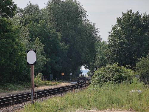 a set of train tracks with trees and a sign at Jolle 54 in Putbus