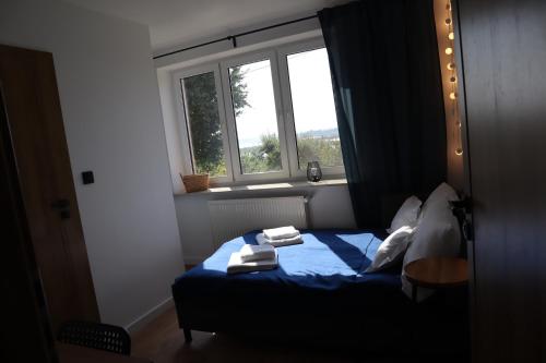a bedroom with a bed with blue sheets and a window at FraToLe in Nielisz