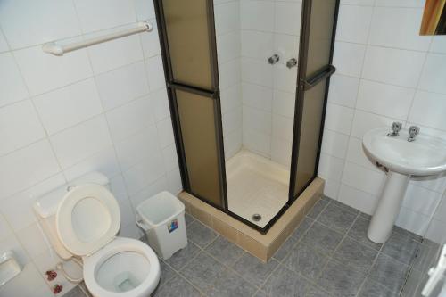 a bathroom with a shower and a toilet and a sink at Casona Potosi in Potosí