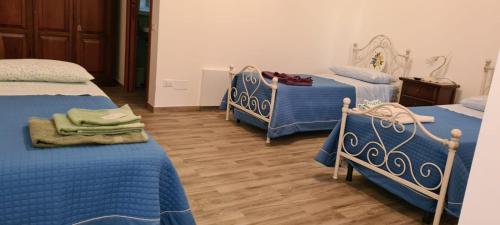 a bedroom with two beds with blue covers and wooden floors at FATTORIA ROVELLO in San Paolo di Civitate