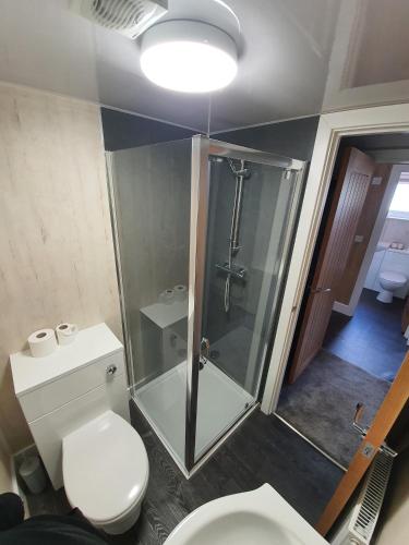 a bathroom with a glass shower and a toilet at Seaton Estate in Arbroath