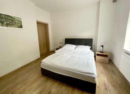 a large bed in a bedroom with a wooden floor at Apartamenty Sokola in Łódź